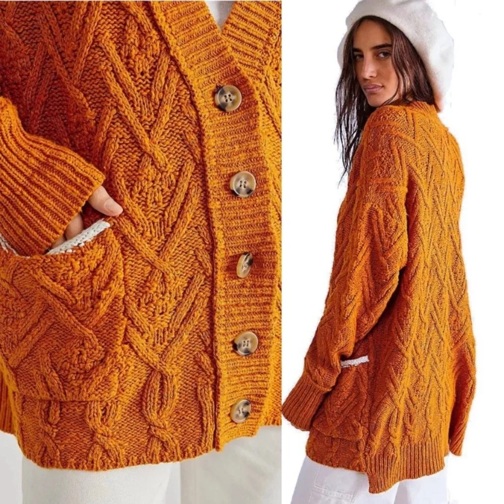 Free People Montana Cable Cardigan Sweater in Pumpkin Pie XS extra small NWT - Picture 6 of 11